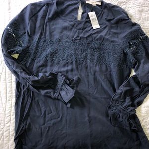 NWT LOFT Embroidered Navy Blouse